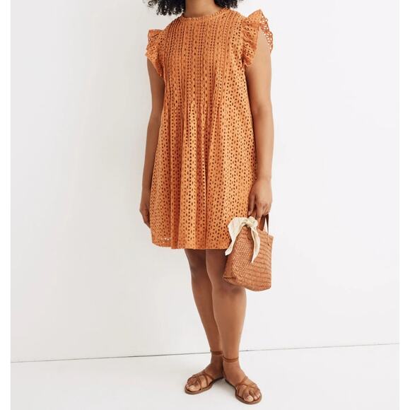 Madewell Eyelet Ruffle Sleeve Pintuck Mini Dress Mulled Cider Orange Layered XS - Picture 1 of 9